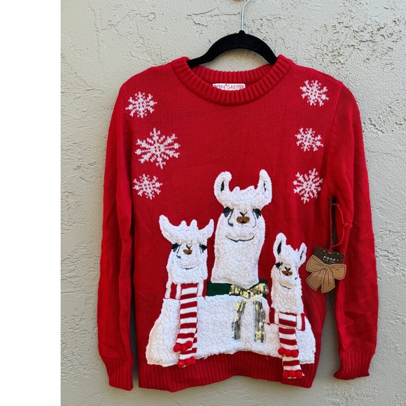 Poof New York Sweaters - Poof NY New Womens Christmas Sweater Llama Snowflake Holiday Festive Red Party